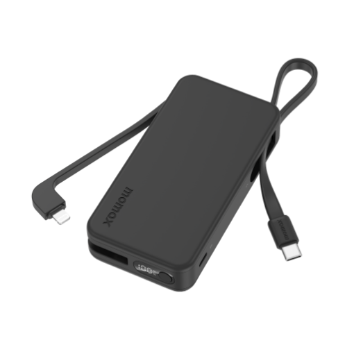 صورة باور بانك Momax 1-Power Vital+ سعة 10000mAh مع كابلات USB-C وLightning مدمجة (أسود)