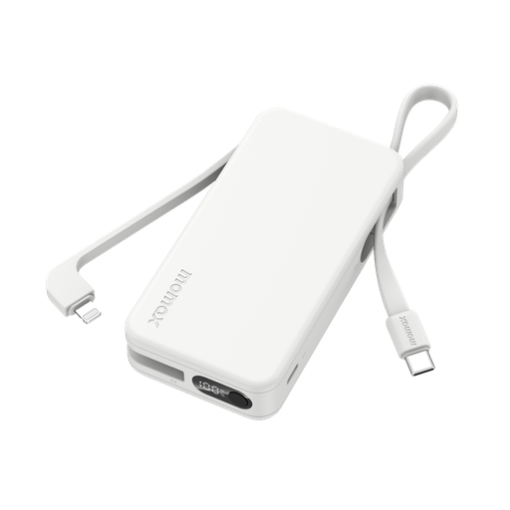 صورة باور بانك Momax 1-Power Vital+ سعة 10000mAh مع كابلات USB-C وLightning مدمجة (أبيض)