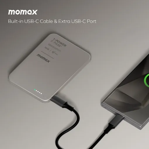 صورة بطارية Momax 1-Power F.Pass+ سعة 5000 مللي أمبير/ساعة مع كابل مدمج وملحق مغناطيسي (تيتانيوم)