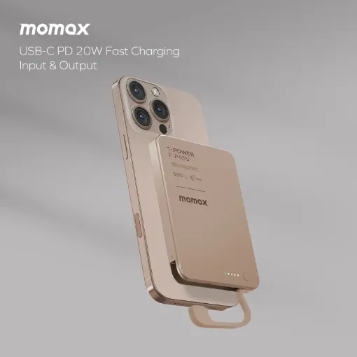 صورة بطارية Momax 1-Power F.Pass+ سعة 5000 مللي أمبير/ساعة مع كابل مدمج وملحق مغناطيسي (تيتانيوم صحراوي)