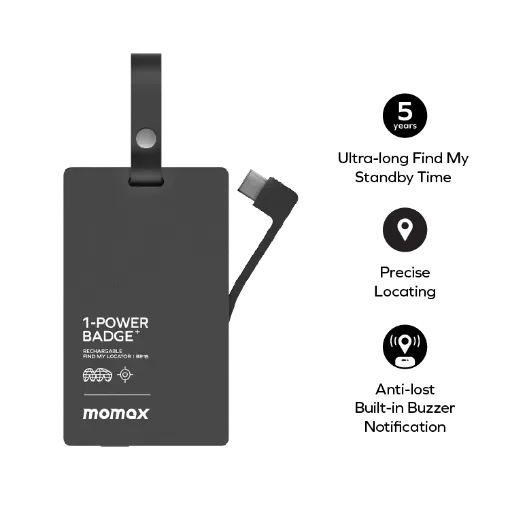 صورة بطارية Momax 1-Power Badge+ القابلة لإعادة الشحن مع خاصية تحديد موقعي (أسود)